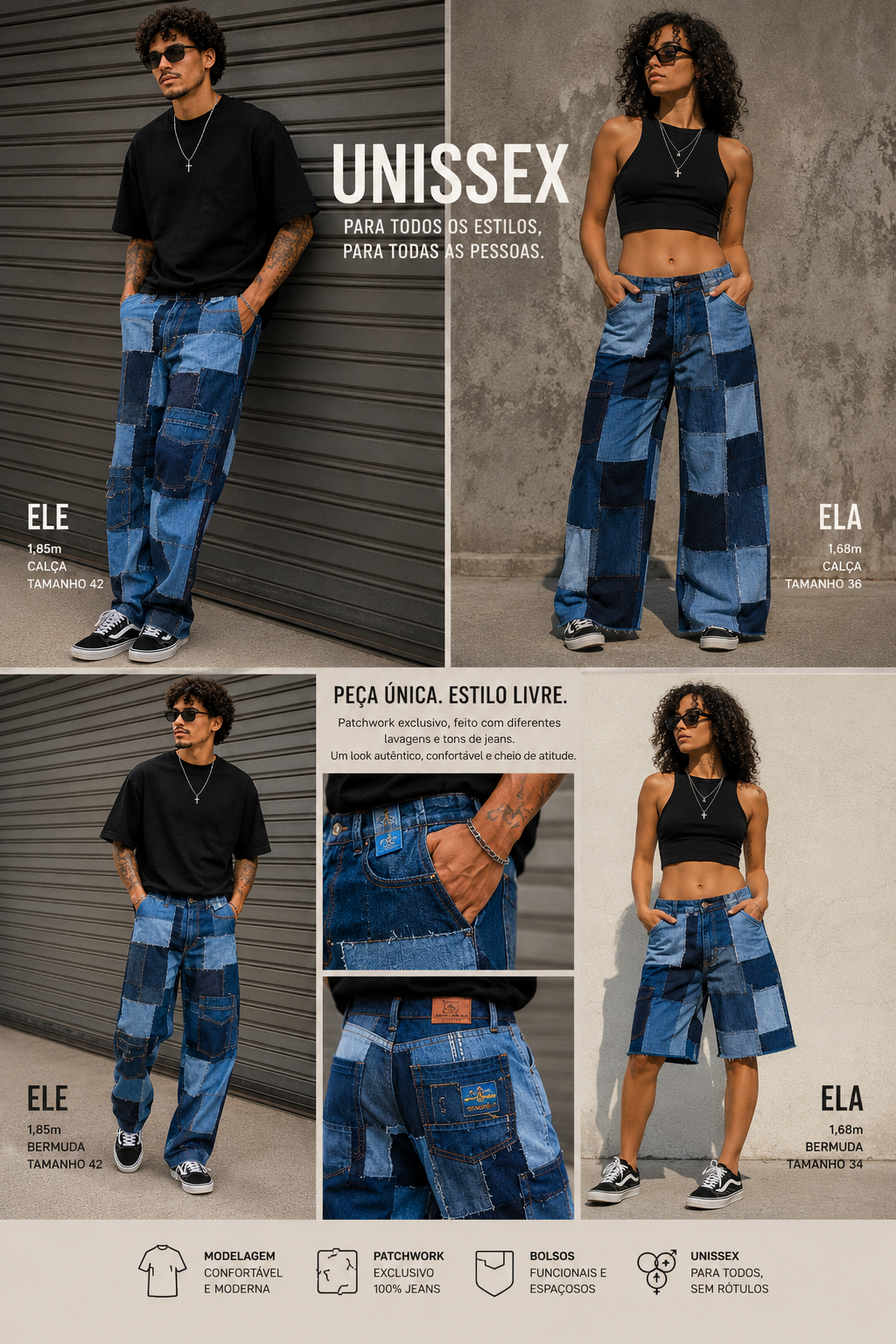 Calça patchwork unisex