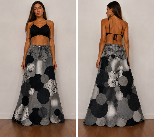 saia patchwork circulo longa Preta