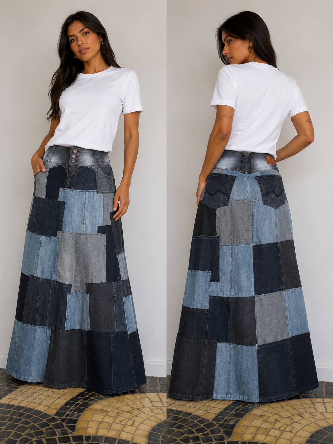 saia patchwork longa cinza