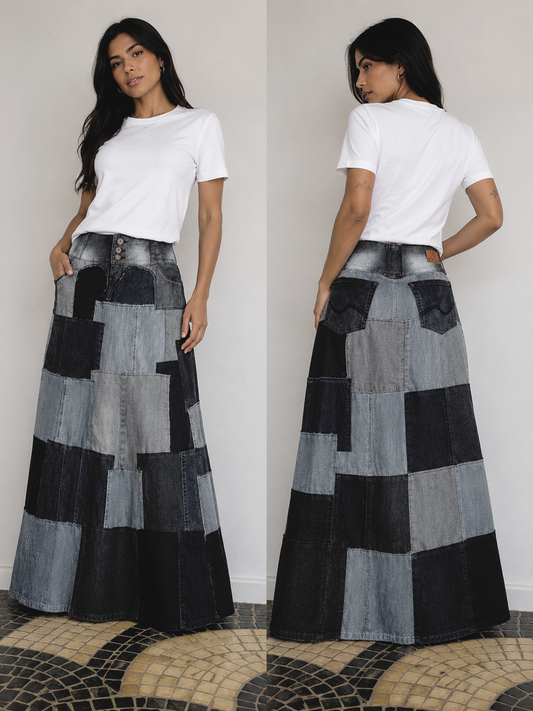 saia patchwork longa cinza