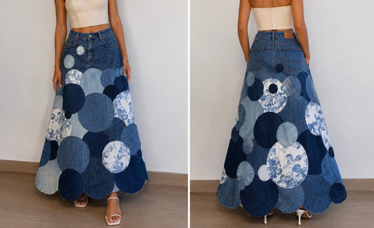 saia patchwork circulo longa Denim