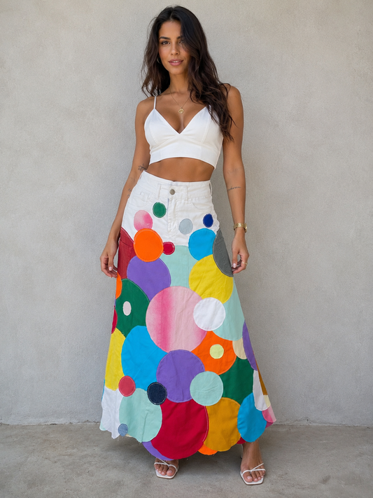 saia patchwork circulo longa colorida